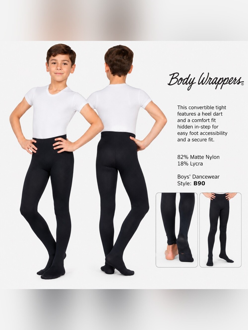 Nwt Body Wrappers Boys Convertible Dance Tights B90 Nylon Spandex Black Ballet
